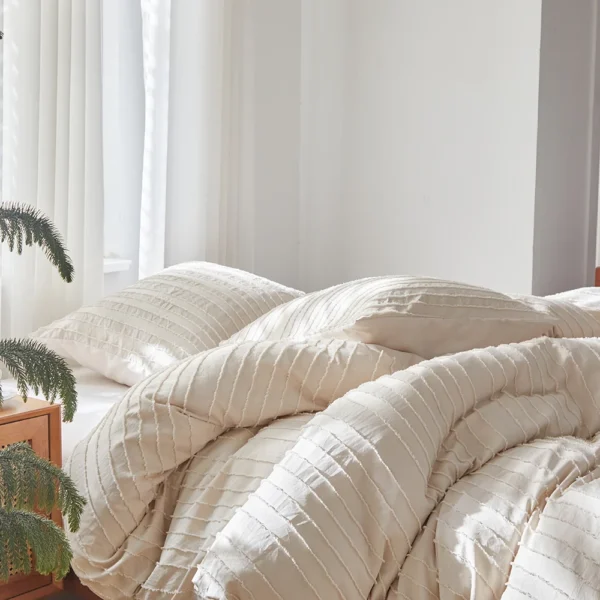 Tufted Duvet Cover Set 3 Pieces , Stripes Texture Duvet Cover Bedding Set with Zipper Closure, Soft and Lightweight, White Grey - Image 3