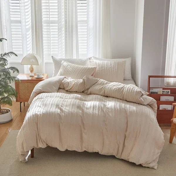 Tufted Duvet Cover Set 3 Pieces , Stripes Texture Duvet Cover Bedding Set with Zipper Closure, Soft and Lightweight, White Grey